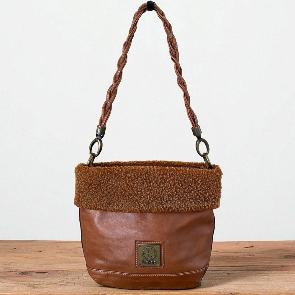 Lesac Genuine Butter Soft‎ Leather Shearling Braided Handle Shoulder Handbag